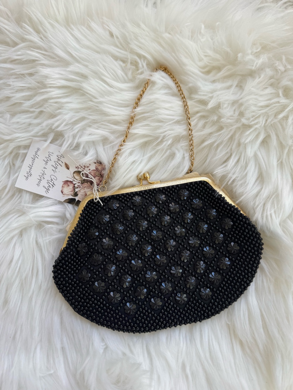Black Beaded Evening Clutch with Gold Chain